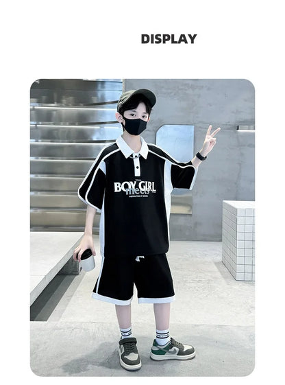 Summer Boys Patchwork Alphabet Preppy T-Shirt Tops+Drawstring Shorts Pant Set School Kids 2PCS Tracksuit Children Outfits 5-16Yr