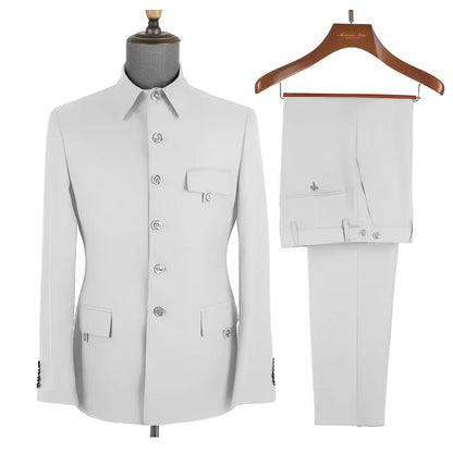 Royal Blue Formal Men's Suit 2 Piece Set Stand Collar Blazer Pants Slim Fit Wedding Groom Tuxedo Party Dress