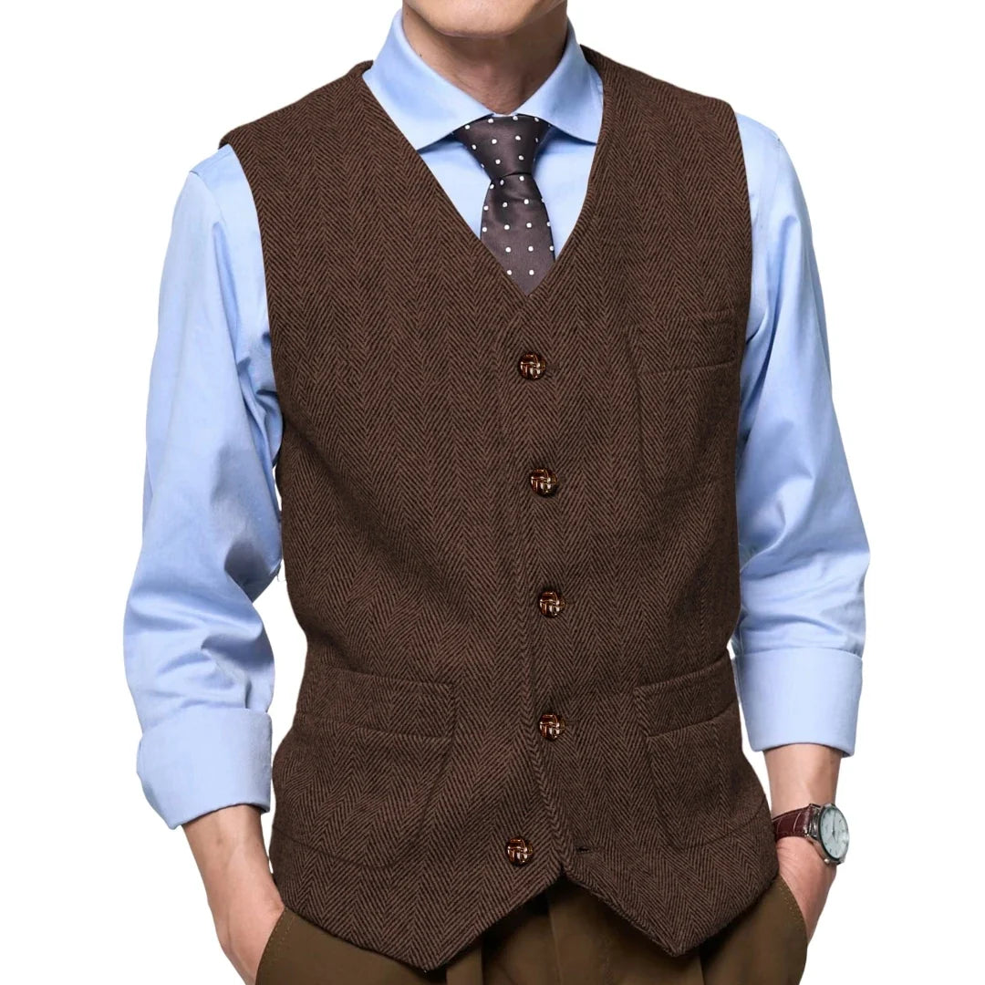 Men Vest Gray Herringbone Single Button With Pocket Waistcoat For Wedding Party Business Work Office Daily Casual Men Suit Vest