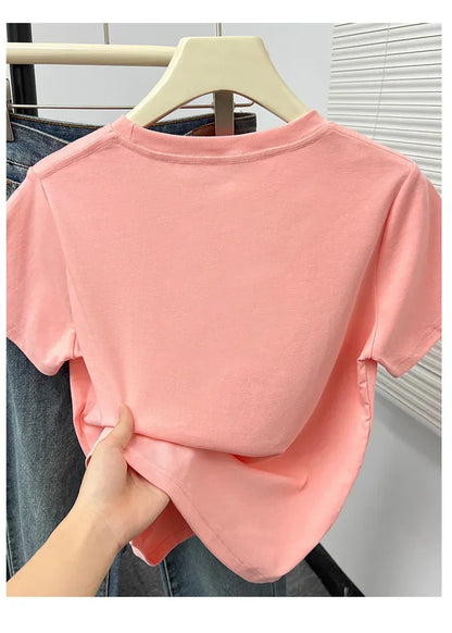 2026 Summer New High Quality Casual Plus Size T Shirt Sexy Short Sleeved Sleeves Fashion Trend Solid Women Clothing Y2k Tops