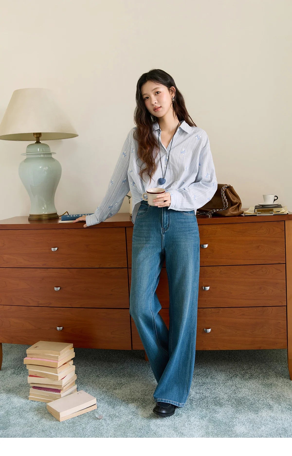 Long Sleeve Shirts for Woman 2025 Autumn Retro Blue Single-breasted Blouse Floral Embroidery Casual Tops MXE45X2495