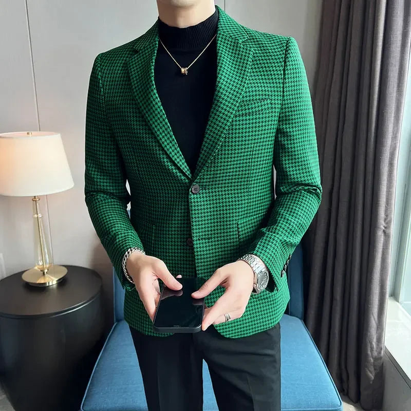 2025 Spring Men's Plaid Suit Jacket Korean Luxury Business Slim Fit Social Suit Jacket Formal Social Party Wedding Prom Tuxedo