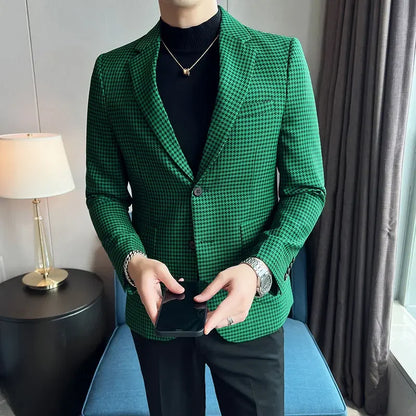 2025 Spring Men's Plaid Suit Jacket Korean Luxury Business Slim Fit Social Suit Jacket Formal Social Party Wedding Prom Tuxedo