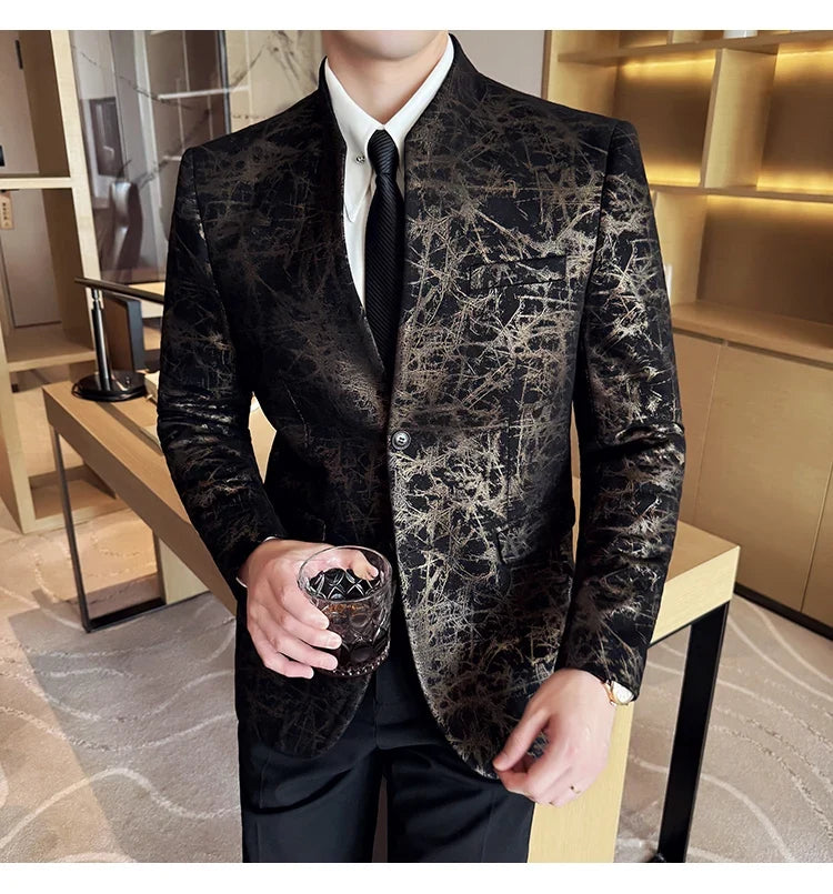New Chinese Style Stand Up Collar Jacquard Suit Coats Men Slim Business Casual Fashion Suits Jacket Formal Social Party Tuxedos