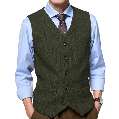 Men Vest Gray Herringbone Single Button With Pocket Waistcoat For Wedding Party Business Work Office Daily Casual Men Suit Vest