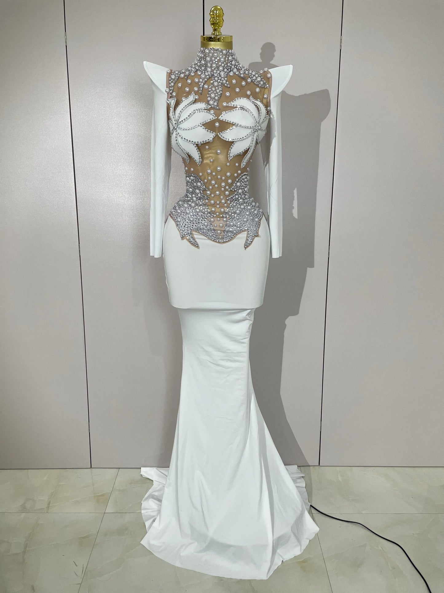 Luxury Sparkly Diamonds Pearl White See Through Mesh Long Dress Women Wedding Evening Party Stage Performance Photoshoot Dress