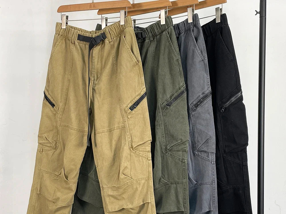 Japanese Streetwear High Quality Long Staple Cotton Twill Cargo Pants Men Harajuku Plus Size Casual Work Pants Baggy Trousers