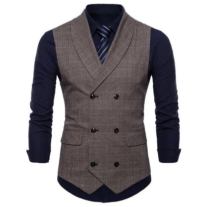 New Men's Checkered Vest, Male Casual Business Suit Vest, Plus Size British-Style  Four Seasons Double Breasted Slim Fit Vest