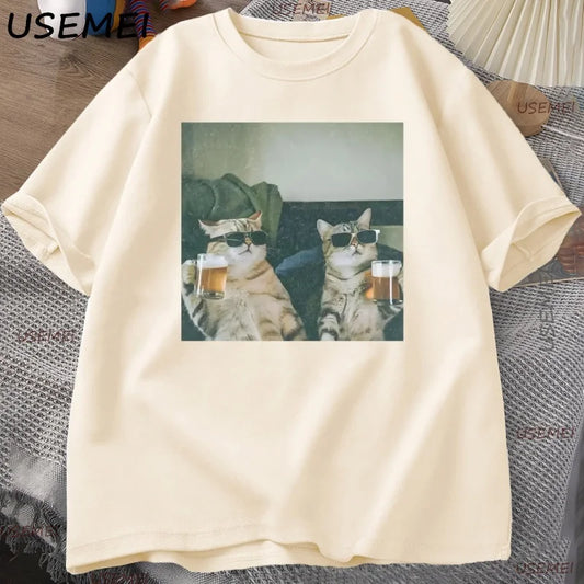 Funny Cool Cat Drinking Beer T-shirt Casual Cotton Short Sleeve T Shirt Man Clothes Harajuku Round Neck Men's Designer Tops