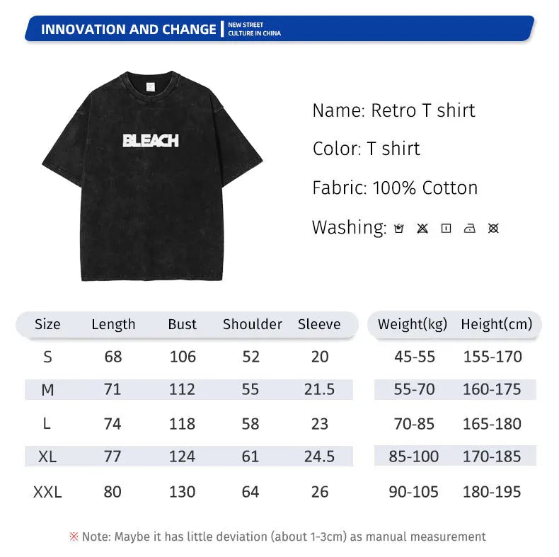 Anime Zaraki Kenpachi T Shirts Oversized Vintage Washed B-Bleach T-shirt Manga Kurosaki Ichigo T Shirt Renji Uryuu Tops Tees Man