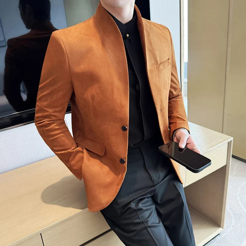 High Quality Cowhide Suede Suit Coats Men Fashion Slim Fit Stand Up Collar Business Casual Jacket Formal Groom Social Tuxedos