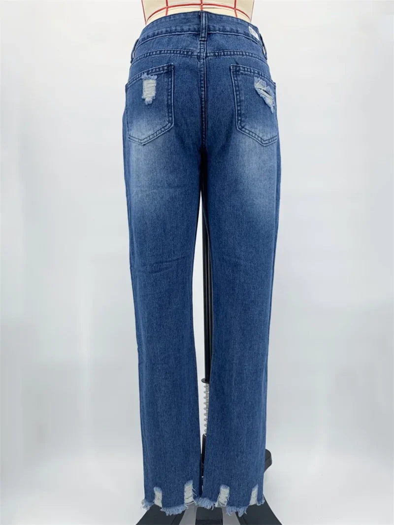 Fashion Broken Holes Tassel Straight Jeans Women's Mid-waist Button Splicing Denim Pants Ladies Trend Streetwear Casual Trousers