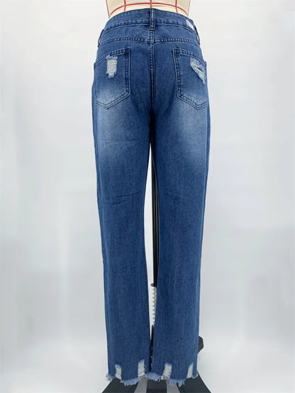 Fashion Broken Holes Tassel Straight Jeans Women's Mid-waist Button Splicing Denim Pants Ladies Trend Streetwear Casual Trousers