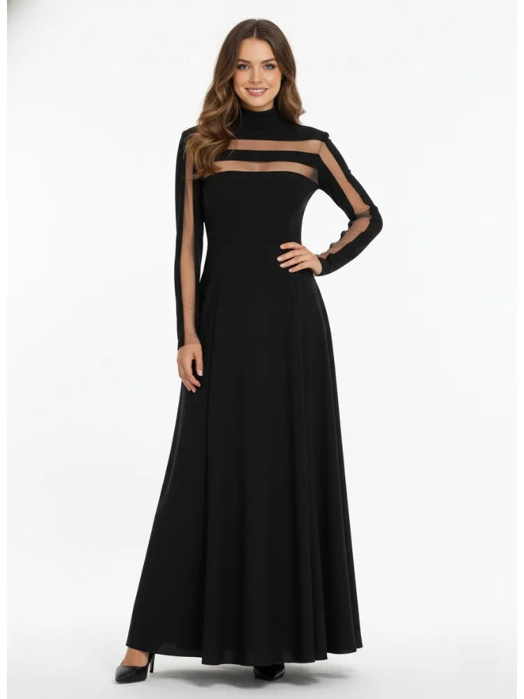 Freeacy Women's Black High Neck Long Sleeve High Waist Flared Maxi Gown See-through High-End Evening Dresses 2026 Party Dress