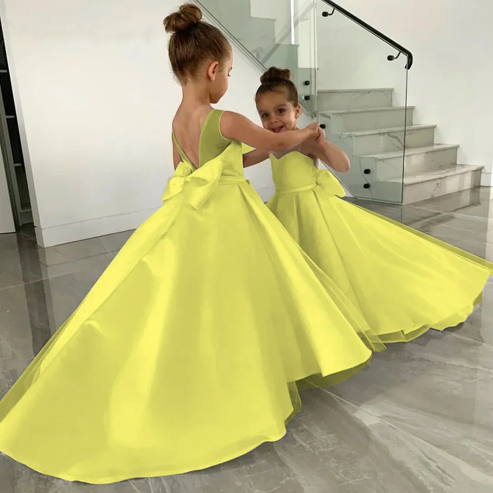 Simple White Flower Girl Dress A-Line O-Neck Floor Length Sleeveless Bow Kids Lovely Birthday First Communion Wedding Gowns 2025