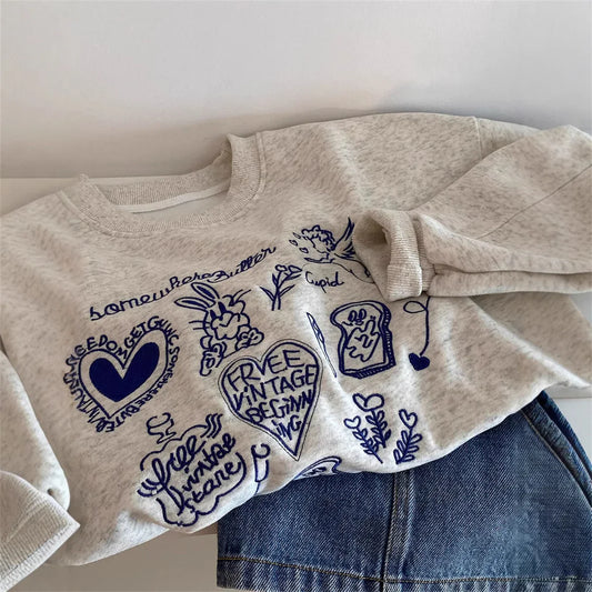 Korean Fashion Women's Gray Embroidered Round Neck Short Sweatshirts Autumn Long Sleeves Vacation Pullovers Tops Casual Popular