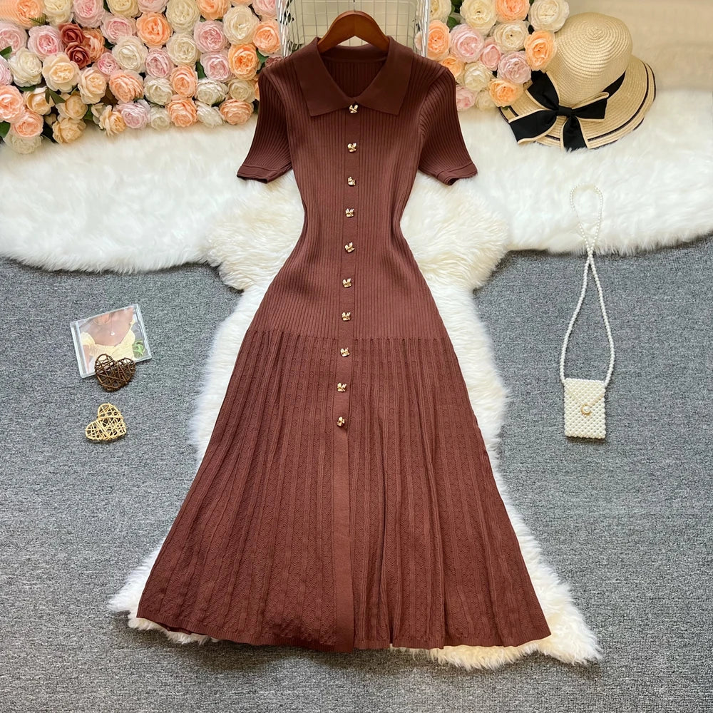 Brand Fashion Elegant Patchwork Knitted Long Dress Spring Summer Women Luxury Shirt Sweater Dress Lady Party Vestido