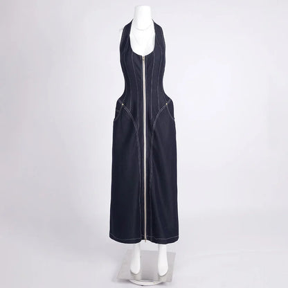 2025 New Women Celebrity Sexy Backless Halter Blue Zipper Denim Maxi Long Gowns Dress Elegant Evening Party Club Vestido