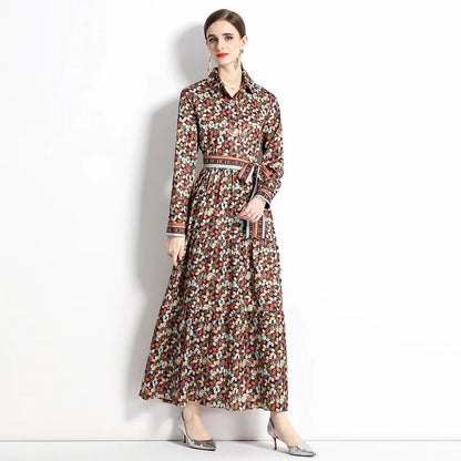 2024 Autumn New Women's European and American Versatile Waist and Slimming Letter Positioning Printed Dress A-line Long Dress