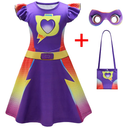 Children's SuperKitties Dresses Super Kitties Cosplay Costume Girls Flying Sleeves A-Line Dress Bag Mask Carnival Birthday Gift