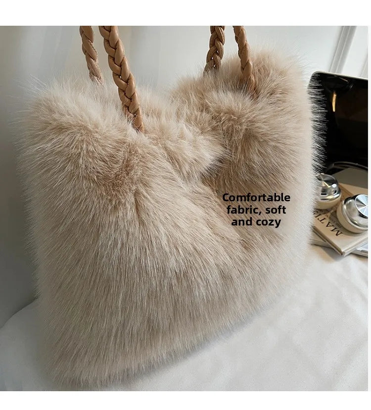 Fashion Women Furry Shoulder Bag Large Capacity Tote Handle Bag for Autumn Winter Outing Commuter Texture Versatile Storage Bags