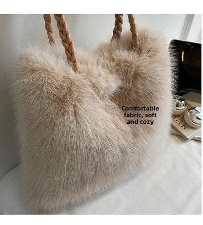 Fashion Women Furry Shoulder Bag Large Capacity Tote Handle Bag for Autumn Winter Outing Commuter Texture Versatile Storage Bags