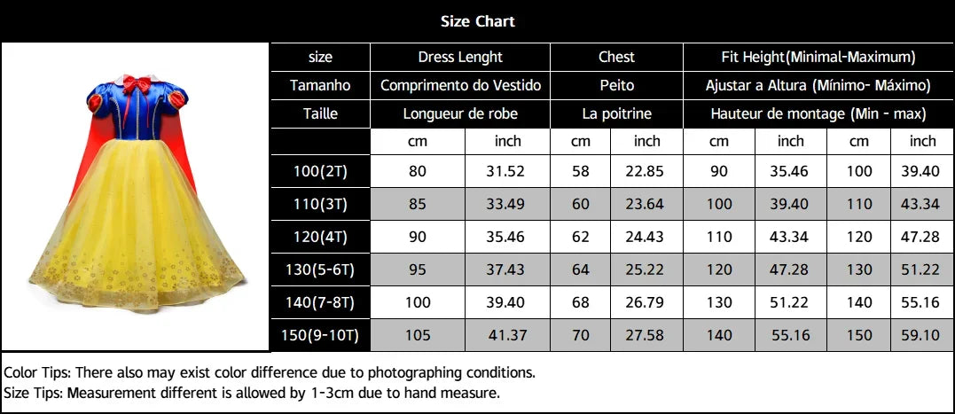 2025 Girls Disney Princess Dress Snow White With Cape Kids Cosplay Halloween Birthday Costumes Children Party Dress 10Y Clothes