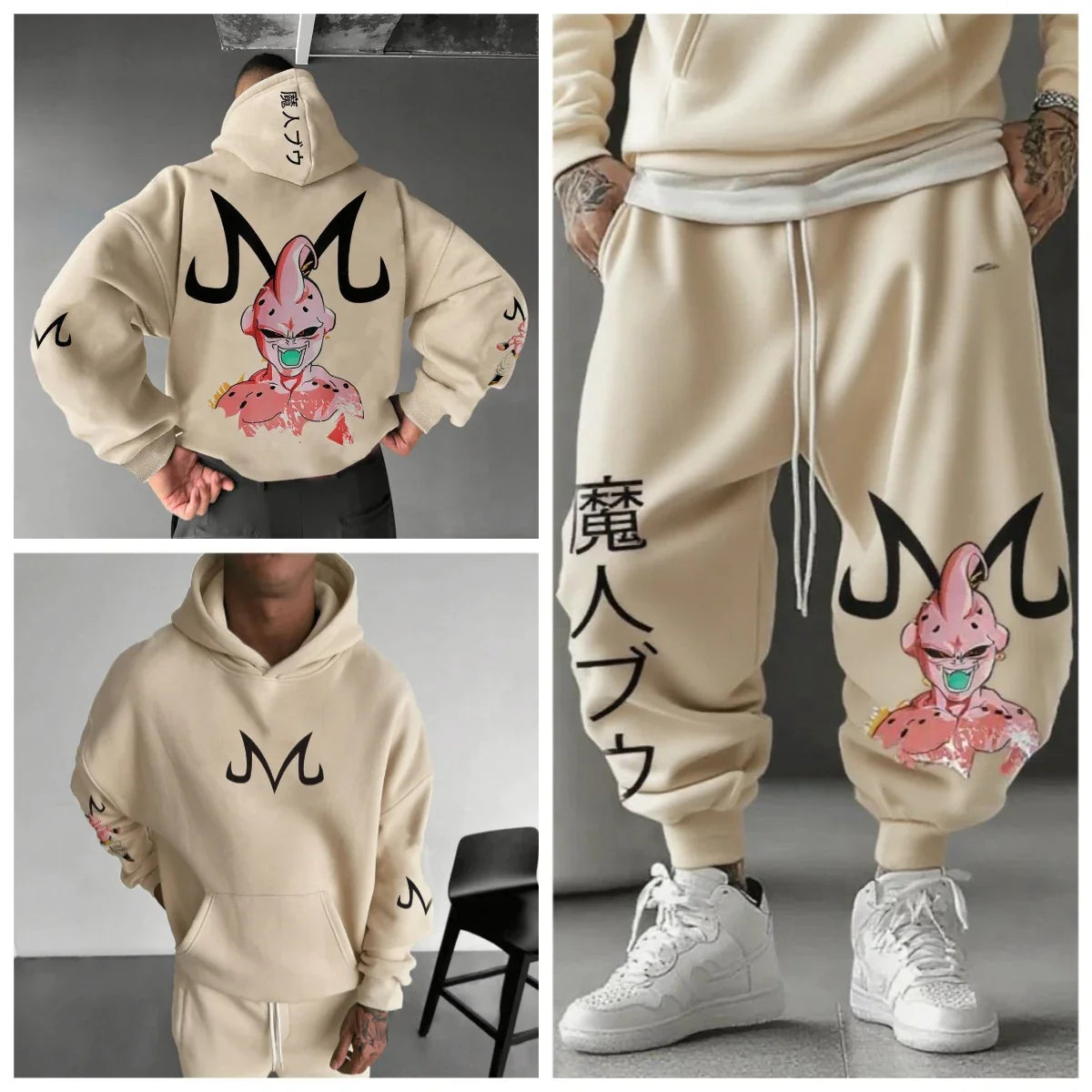 Majin Buu Hoodie Pants Set Anime Cotton Loose Fit Graphic Print Streetwear Casual Sweatshirt Joggers Japanese Cartoon Character