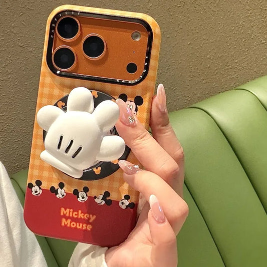 Cute Mickey Glove For Magnetic Phone Case with Stand 3D Hand Shape Grip Holder for 17 16 15 14 13 Pro Max  Disney Cartoon Cover.