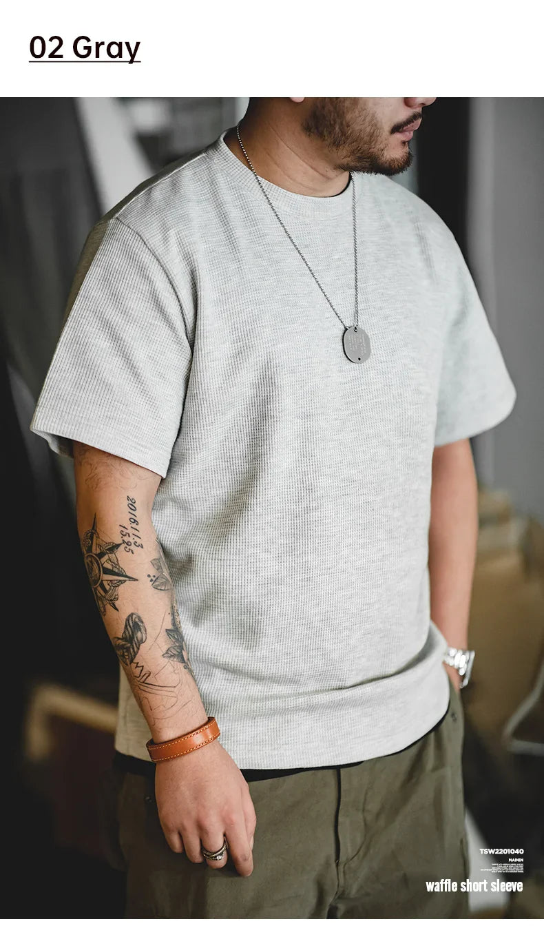 Maden Retro Knit Waffle Short Sleeve T-shirts for Men's Summer Round Neck Loose Fit Casual Tee Basic Solid Color Classic Tops