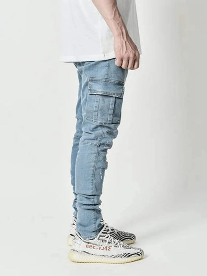 2025 New Fashionable men's denim work pants street style black gray multi pocket jeans American casual multi pocket jeans