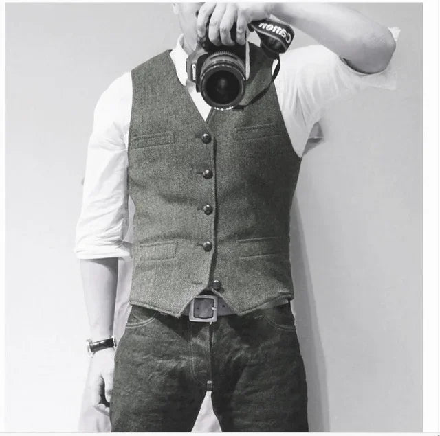 Mens Suit Vest Tweed Retro V Neck Wool Herringbone Waistcoat for Prom Single Breasted Males Dress Suit Vest Plus Size