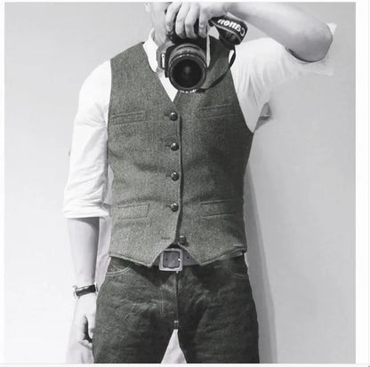 Mens Suit Vest Tweed Retro V Neck Wool Herringbone Waistcoat for Prom Single Breasted Males Dress Suit Vest Plus Size