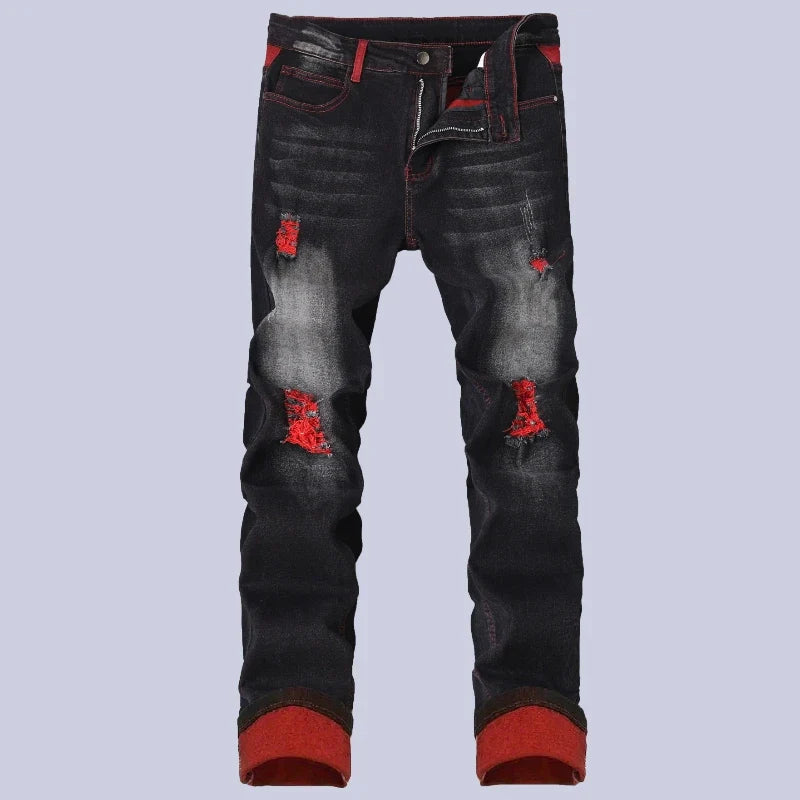 Men's Elastic Patch Style Jeans Black Red Design Slimming Men's Clothing Cozy Denim Pants Personalized Hip Hop Trend Trousers