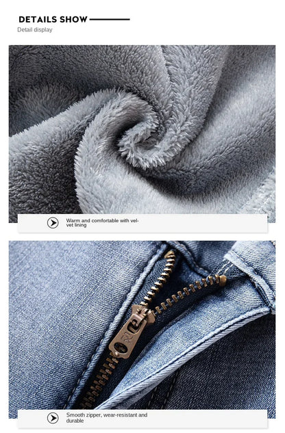 Winter Fleece Thick Warm Jeans Classic Brand Business Casual Men's Fitted Straight Stretch Mid-high Waist Denim Jeans