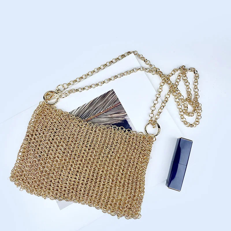 Metallic Hauberk Shoulder Bag Woven Ring Tote Chain Mail Designer Purses and Handbags Handmade Hollow Crossbody Bags for Women