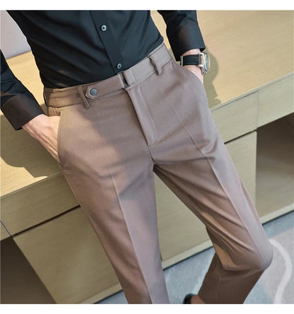 Fashion Belt Decoration Design Men's Suit Pants High Quality Business Slim Fit Casual Straight Formal Wedding Party Trousers