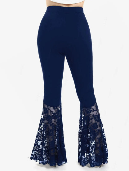 Plus Size Womens Pull On Flare Pants Gothic High Waist Overlength Lace Panel With Lace-up Pleated Trousers Skinny Pants
