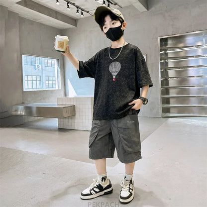 Fashion Boys Summer Outfit T-shirt Shorts Sports Set Children Top and Bottom Tracksuit Set Kids Casual Cotton Sportswear 5-14Y