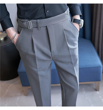 2026 Texture Naples Men's Solid Color Casual Pants Fashion Belt Design Slim Fit Suit Pants Formal Wear Wedding Social Trousers