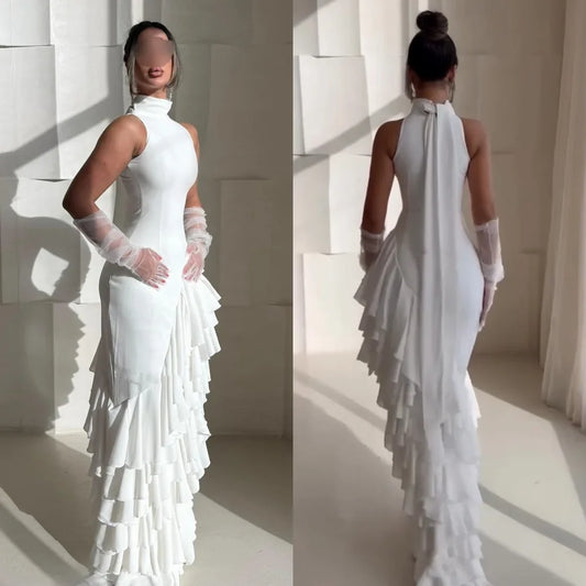 Customized Modern Style Pastrol Chiffon Ruched Ruffle Tiered Mermaid Scoop Neck Long Dresses Bespoke Occasion Dresses Exquisite