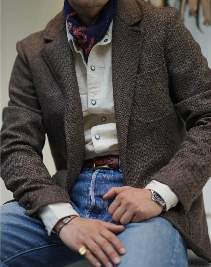 Spring Men's Peaky Blinders British Retro Tweed Wool Herringbone Hunting Casual Blazer