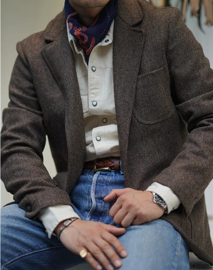 Spring Men's Peaky Blinders British Retro Tweed Wool Herringbone Hunting Casual Blazer