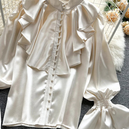 High Quality Satin Loose Shirt Long Flared Sleeves Ruffles O Neck Beading  Women Gentle Office Lady Casual Blouse