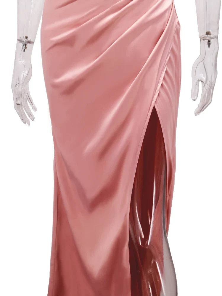New Summer Prom Dress Women'S Sling Sleeveless Solid Color Dress One Word Neck Slim Fit Open Back Slit Red Sexy Dress