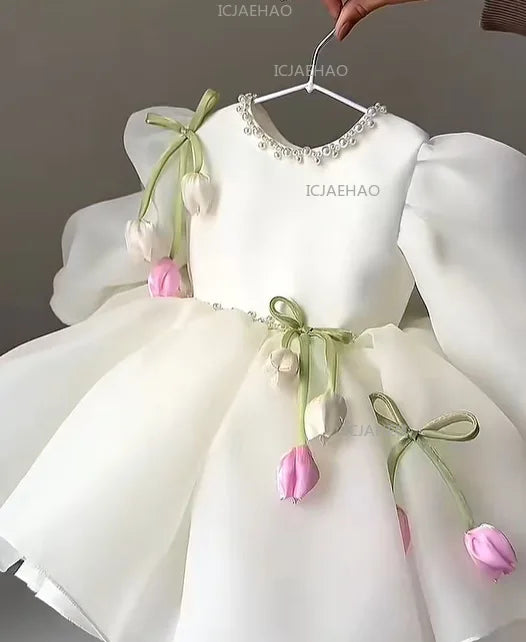 2026 New Children Girls Formal Dress Puff Sleeve Princess Gown Flower Girl Kids Floral Tulle Tutu Elegant Pageant Summer Costume