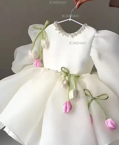 2026 New Children Girls Formal Dress Puff Sleeve Princess Gown Flower Girl Kids Floral Tulle Tutu Elegant Pageant Summer Costume