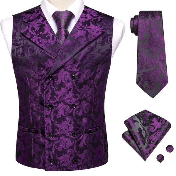 Dark Red Men's Vests Silk Paisley Jacquard Waistcoat Jacket NeckTie Hanky Cufflinks for Men Business Party Designer Gifts