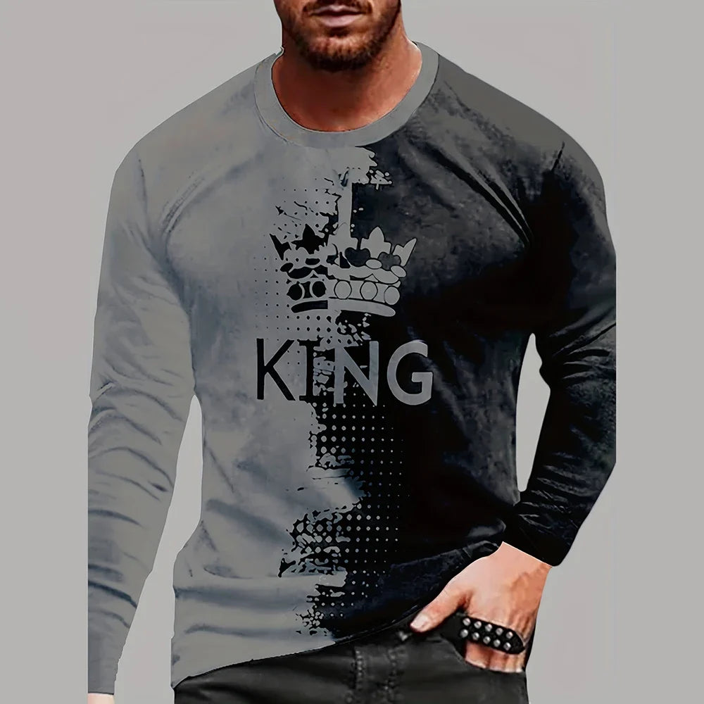 Vintage King King 3D Printed Summer Men's Round Neck T-Shirt Casual Long Sleeve Oversized T Shirt Fashion Pullover Menswear