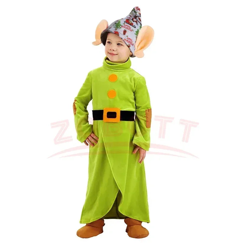 Seven Dwarf Man Costume Snow Princess Outfit Christmas Child Boys Girls Big Ears Elf Pixie Cosplay Santa Party Clothes For Kids